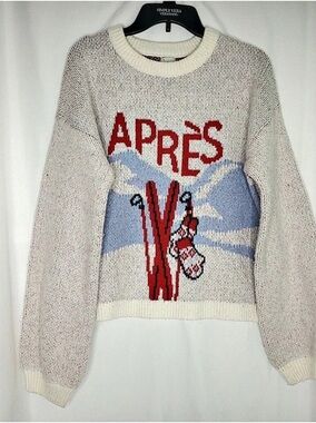 A New Day Apres Ski Graphic Crewneck Pullover Sweater in Cream & Blue